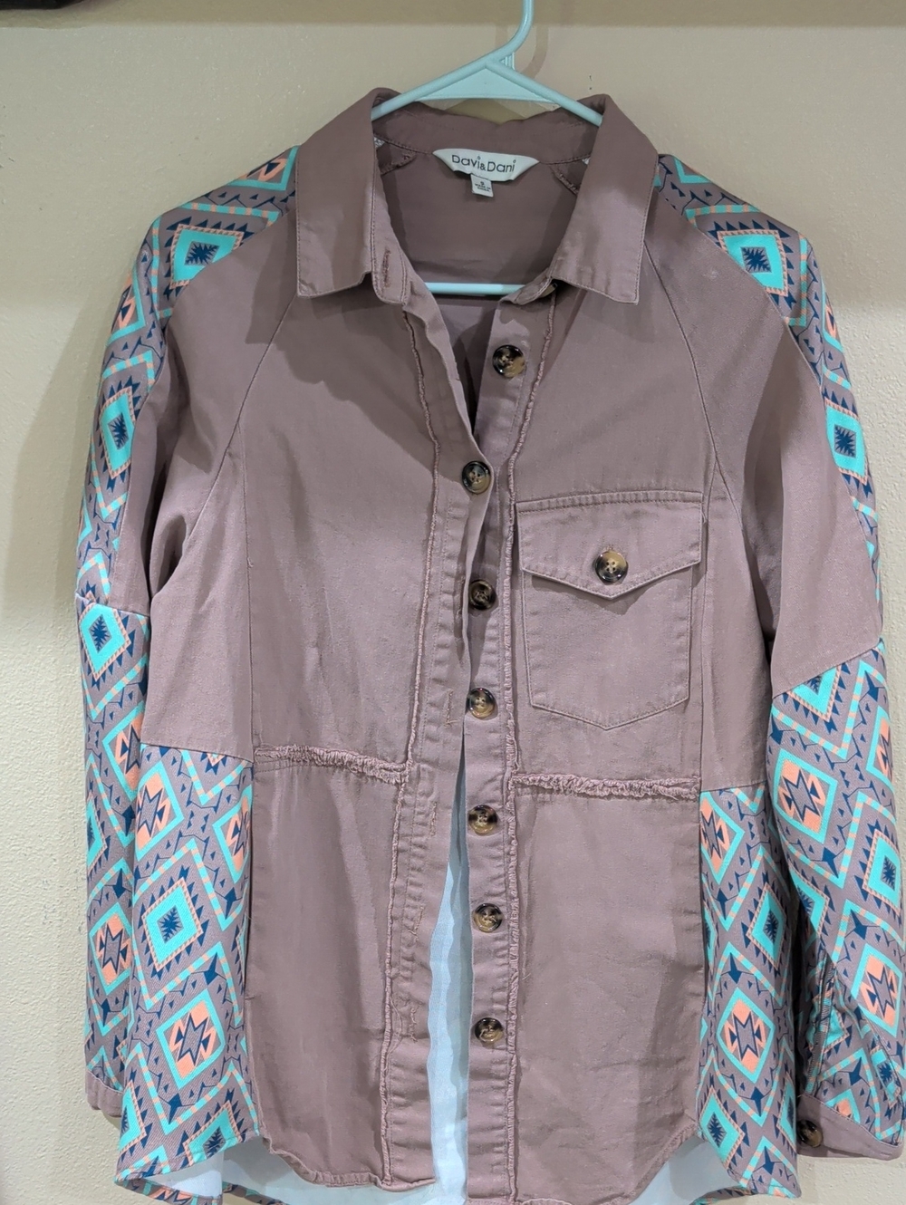DAVI & DANI Mauve Utility Jacket with Aqua & Peach Aztec Sleeves